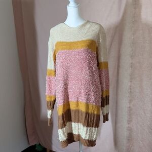 Umgee Women’s Pink & Cream Stripe Textured Sweater Dress